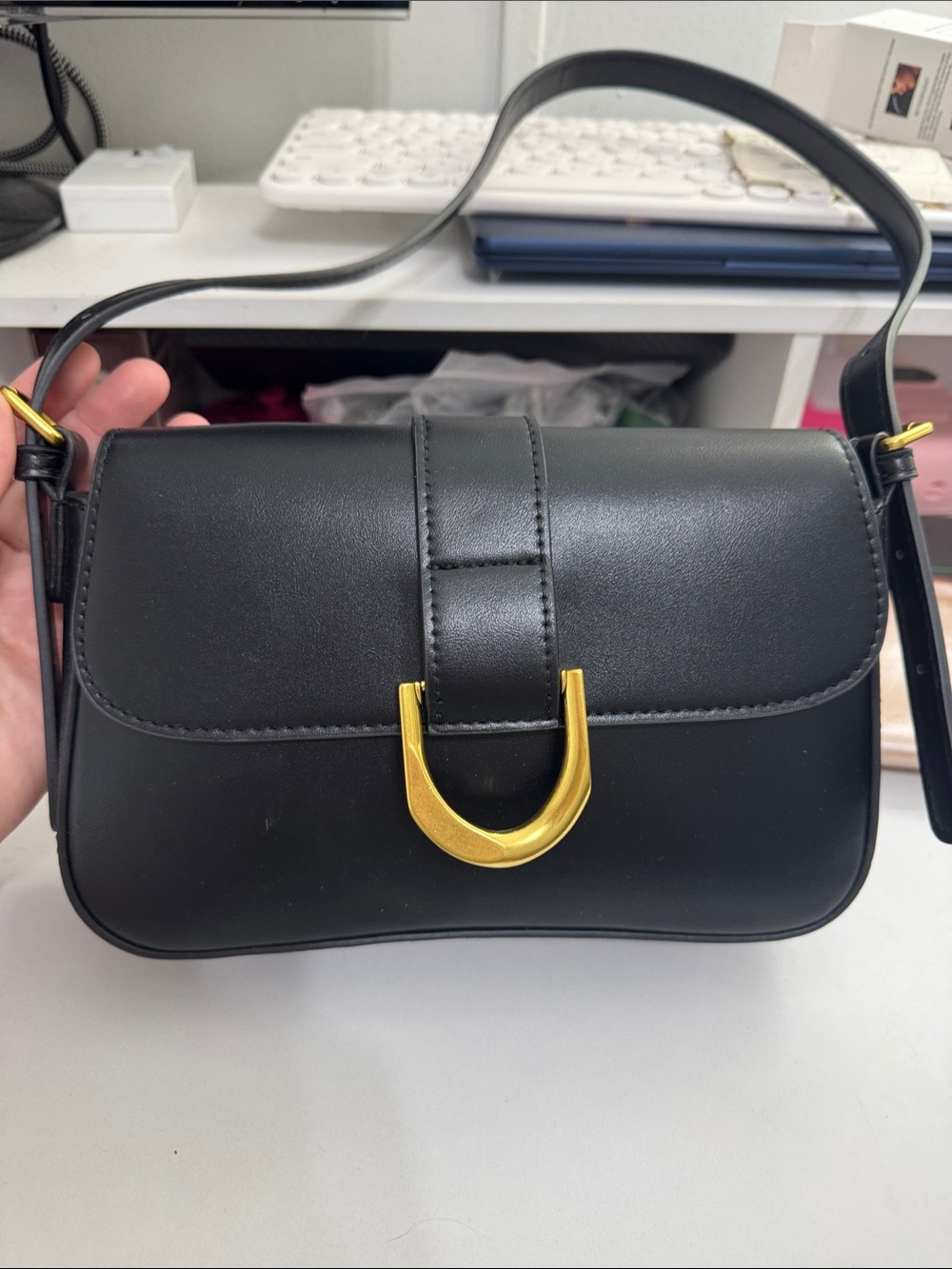 Madison West Black Shoulder Bag with Gold Hardware